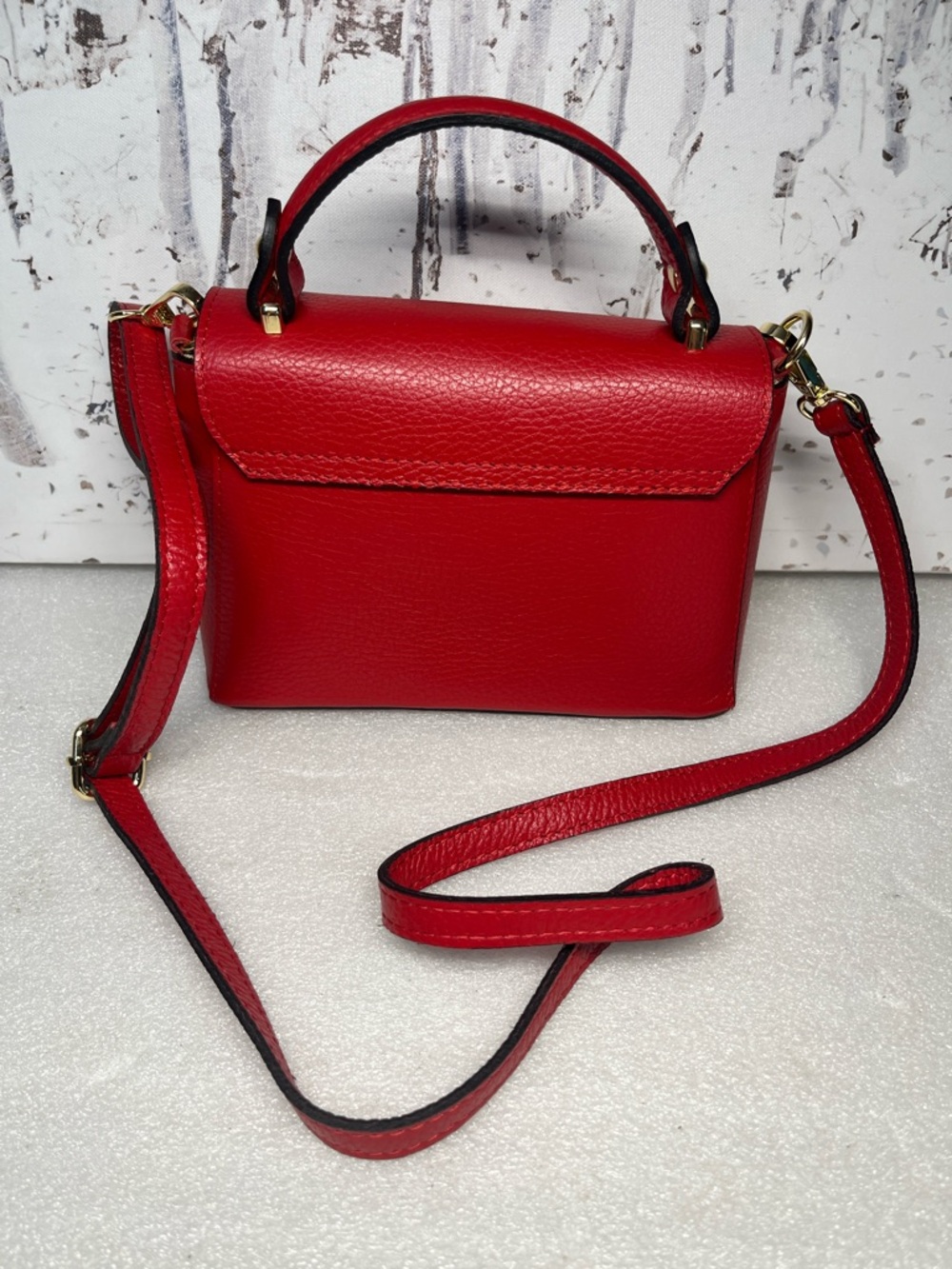 Italian Leather Clutch Crossbody Top Handle Red Bag Bee Closure - Picture 2 of 11